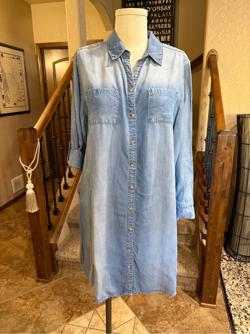 Chicos Light Wash Denim Shirt Dress - Casual Button-Front Size: 10 or 1.5 P